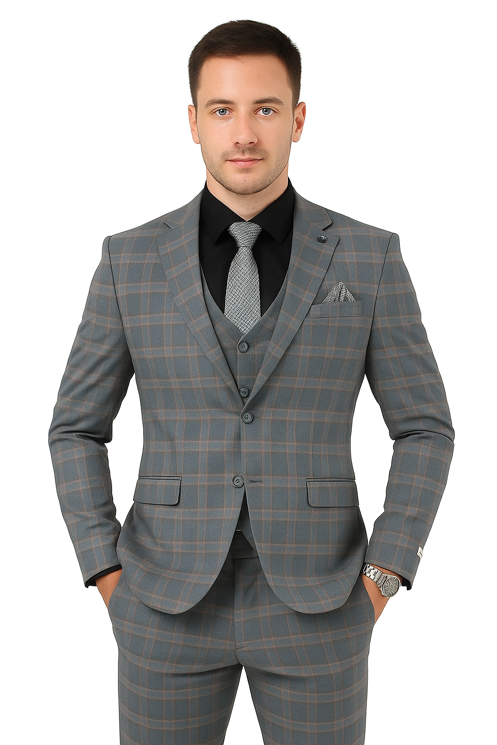 Big and Tall Business Suits - Suits For Big Man - Large Men's Grey Windowpane Vested Suits - 38 Short Jacket+32 Waist Adjustable 28to34)(Height: 5’4”to5’7”)(Neck 15-16.5)S-M)ggg