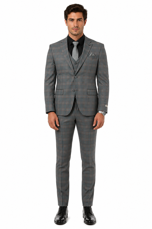 Big and Tall Business Suits - Suits For Big Man - Large Men's Grey Windowpane Vested Suits