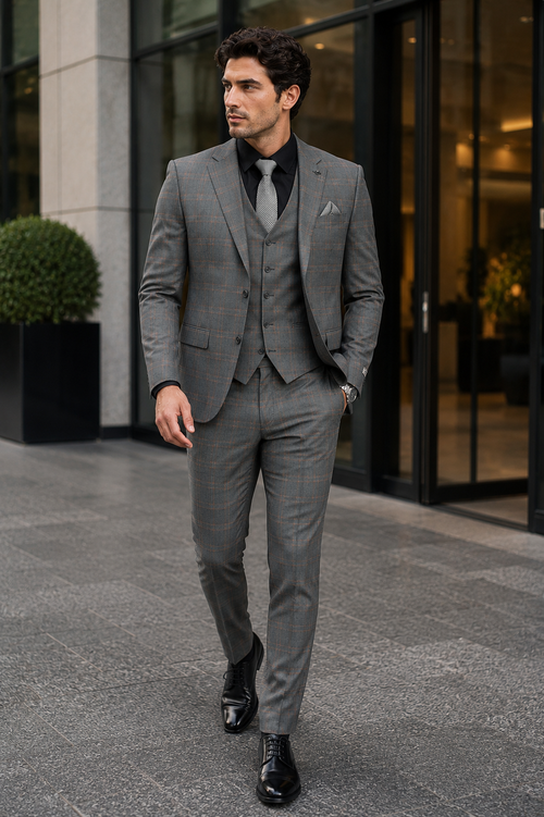 Big and Tall Business Suits - Suits For Big Man - Large Men's Grey Windowpane Vested Suits