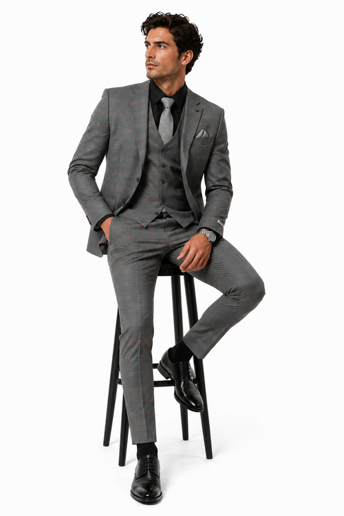 Big and Tall Business Suits - Suits For Big Man - Large Men's Grey Windowpane Vested Suits