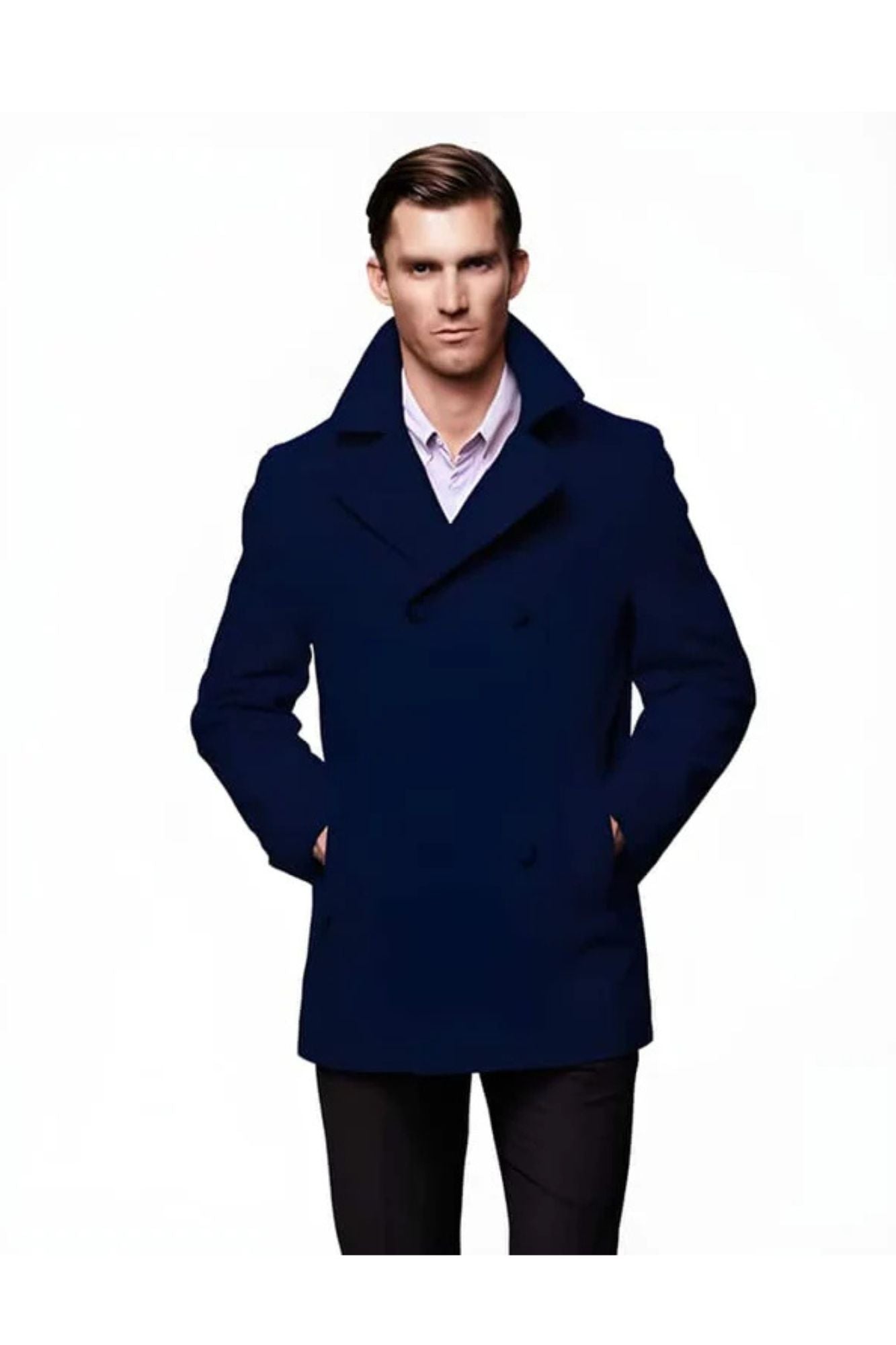 Men's Navy Blue Six Button Wool Fabric Big And Tall Designer Men's Wool Men's Peacoat Sale ~ Winter Coats - Coat Size 38