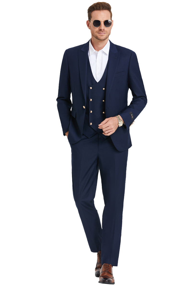"Navy Men's Vested Suit with Gold Buttons - One Button Peak Lapel" - 34 Short