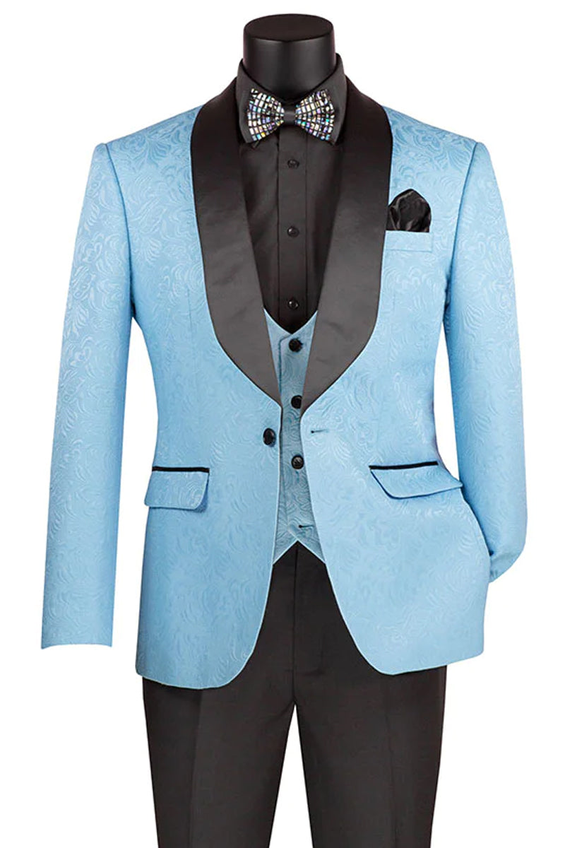 Light Blue Men's Slim Fit Paisley Wedding Tuxedo with Vest - 36 Regular