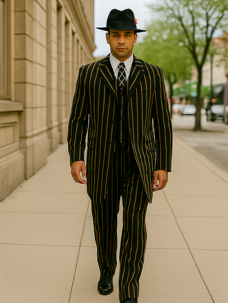 Black And Gold Pronounce Fashion Longe Zoot Suit - Pimp Suit - Zuit Suit for Men - 38 Short Jacket+32 Waist Adjustable 28to34)(Height: 5’4â€to5’7â€)(Neck 15-16.5)S-M)