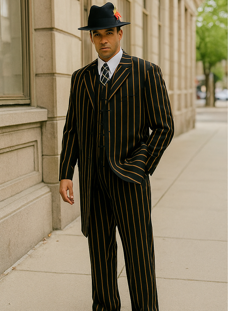Black And Gold Pronounce Fashion Longe Zoot Suit - Pimp Suit - Zuit Suit for Men - 38 Short Jacket+32 Waist Adjustable 28to34)(Height: 5’4â€to5’7â€)(Neck 15-16.5)S-M)