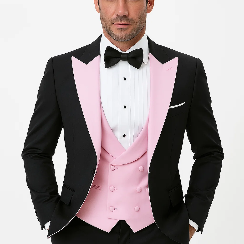 Black And Pink suit - Tuxedo Looking With Double Breasted Vest Peak Lapel 100% Wool - Small