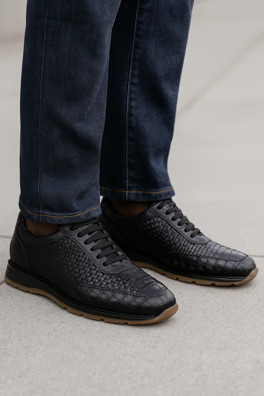 Marco Di Milano Roma Men's Shoes Black Genuine Caiman Crocodile / Woven Leather Fashion Sneakers - 8