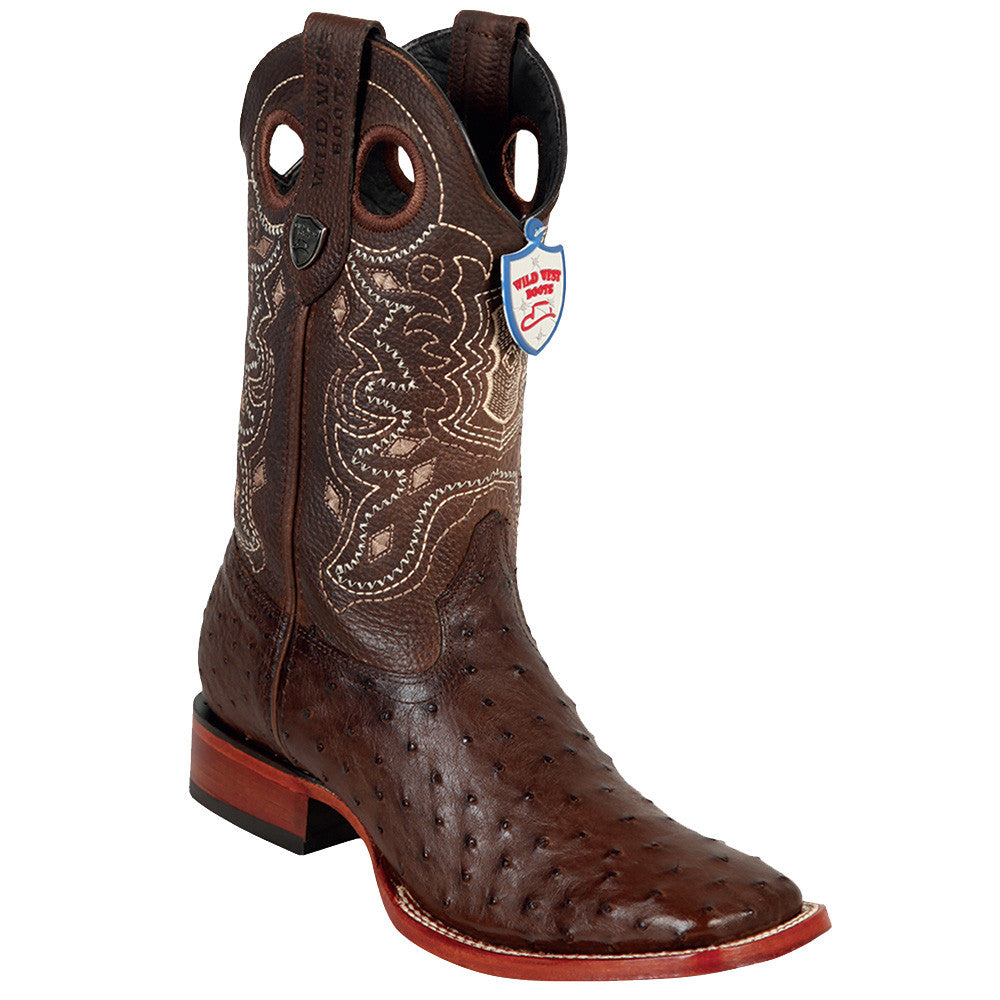 Brown Ostrich Square Toe Boots - EE