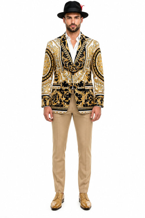 Mens Black and Gold Baroque Blazer with Matching Pants, Hat, and Shoes - Luxury Party and Wedding Outfit Set