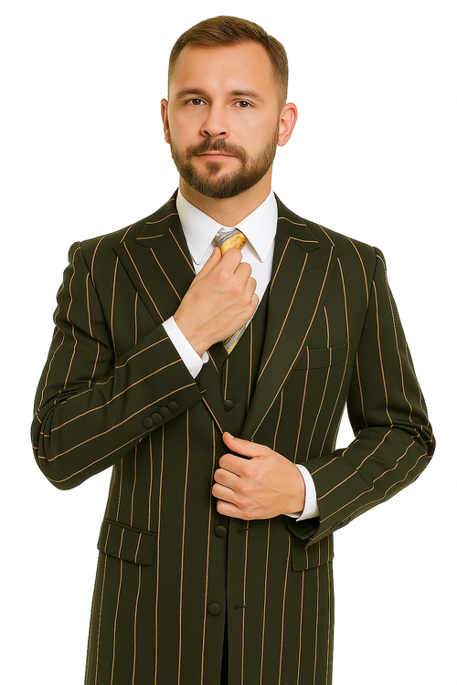 Pinstripe Zoot Suit For Men - Gangster Wedding Suit in Black and Gold Pinstripe