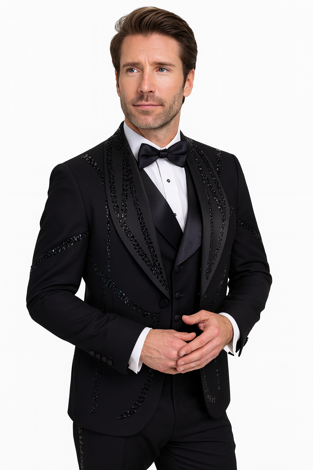 Black Italian Wool 3-Piece Modern Fit Tuxedo - 34 Short or Extra Small