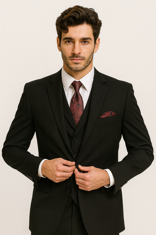 Black Men's 2-Button Suit with No Pleated Pants & Double-Breasted Vest Modern Fit Side Vented