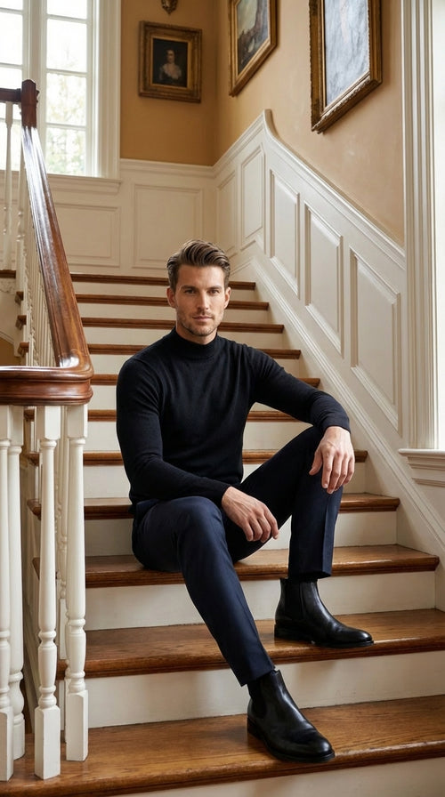 Black mock neck sweater pullover for men cotton blend long sleeve knit