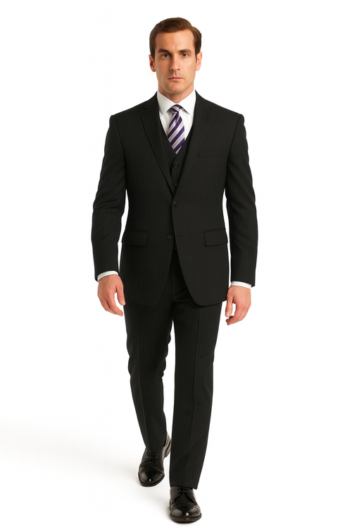 Black Pinstripe Men's Business Suit - Two Button Vested Style - New Arrival