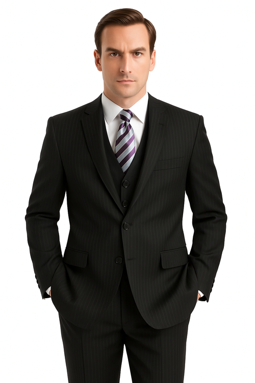 Black Pinstripe Men's Business Suit - Two Button Vested Style - New Arrival