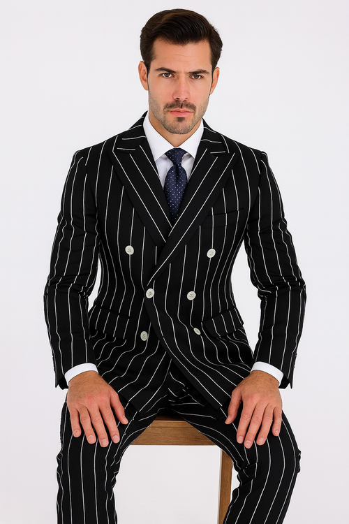 Black Pinstripe Suit - Gangster Suit - 1920's Suit - Double Breasted Suit