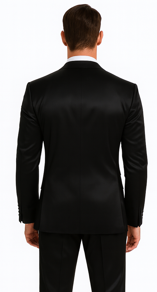 Men's Black Satin Slim Fit Tazzio 3 Piece Suit with Peak Lapel - 34 Short or Extra Small