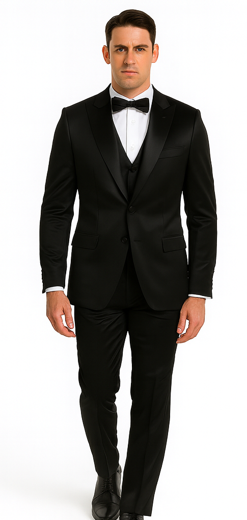 Men's Black Satin Slim Fit Tazzio 3 Piece Suit with Peak Lapel