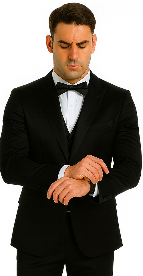 Men's Black Satin Slim Fit Tazzio 3 Piece Suit with Peak Lapel