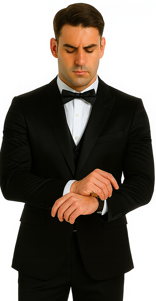 Men's Black Satin Slim Fit Tazzio 3 Piece Suit with Peak Lapel - 34 Short or Extra Small