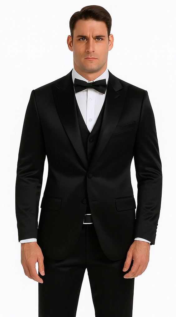 Men's Black Satin Slim Fit Tazzio 3 Piece Suit with Peak Lapel - 34 Short or Extra Small