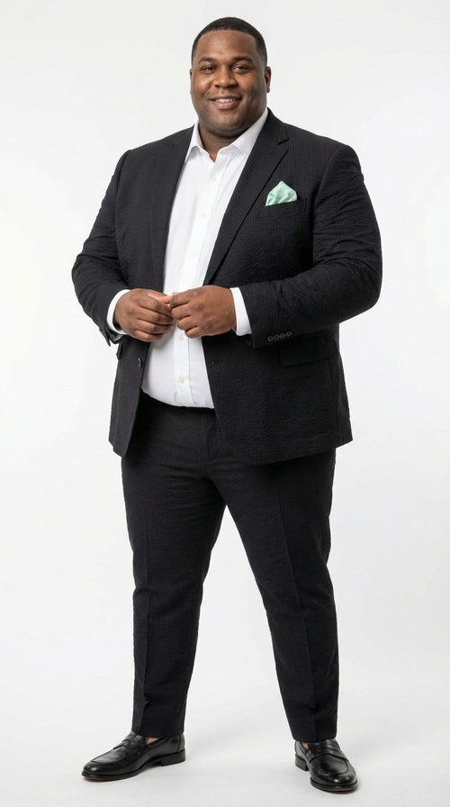 Mens Black Seersucker Suit β Shadow Ton on Ton Mini Textured Two Button Cotton Fabric Formal Summer Suit