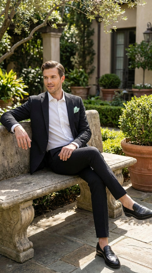 Mens Black Seersucker Suit β Shadow Ton on Ton Mini Textured Two Button Cotton Fabric Formal Summer Suit
