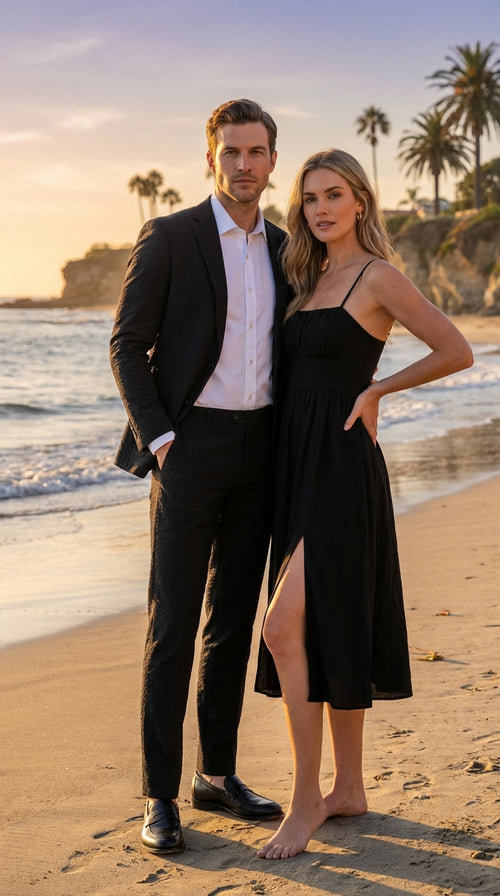 Mens Black Seersucker Suit β Shadow Ton on Ton Mini Textured Two Button Cotton Fabric Formal Summer Suit