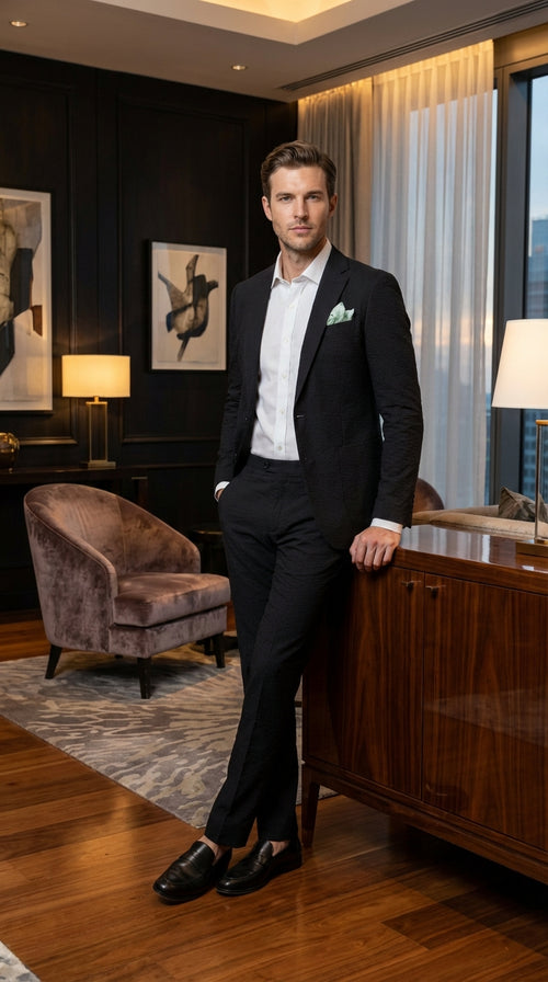 Mens Black Seersucker Suit β Shadow Ton on Ton Mini Textured Two Button Cotton Fabric Formal Summer Suit