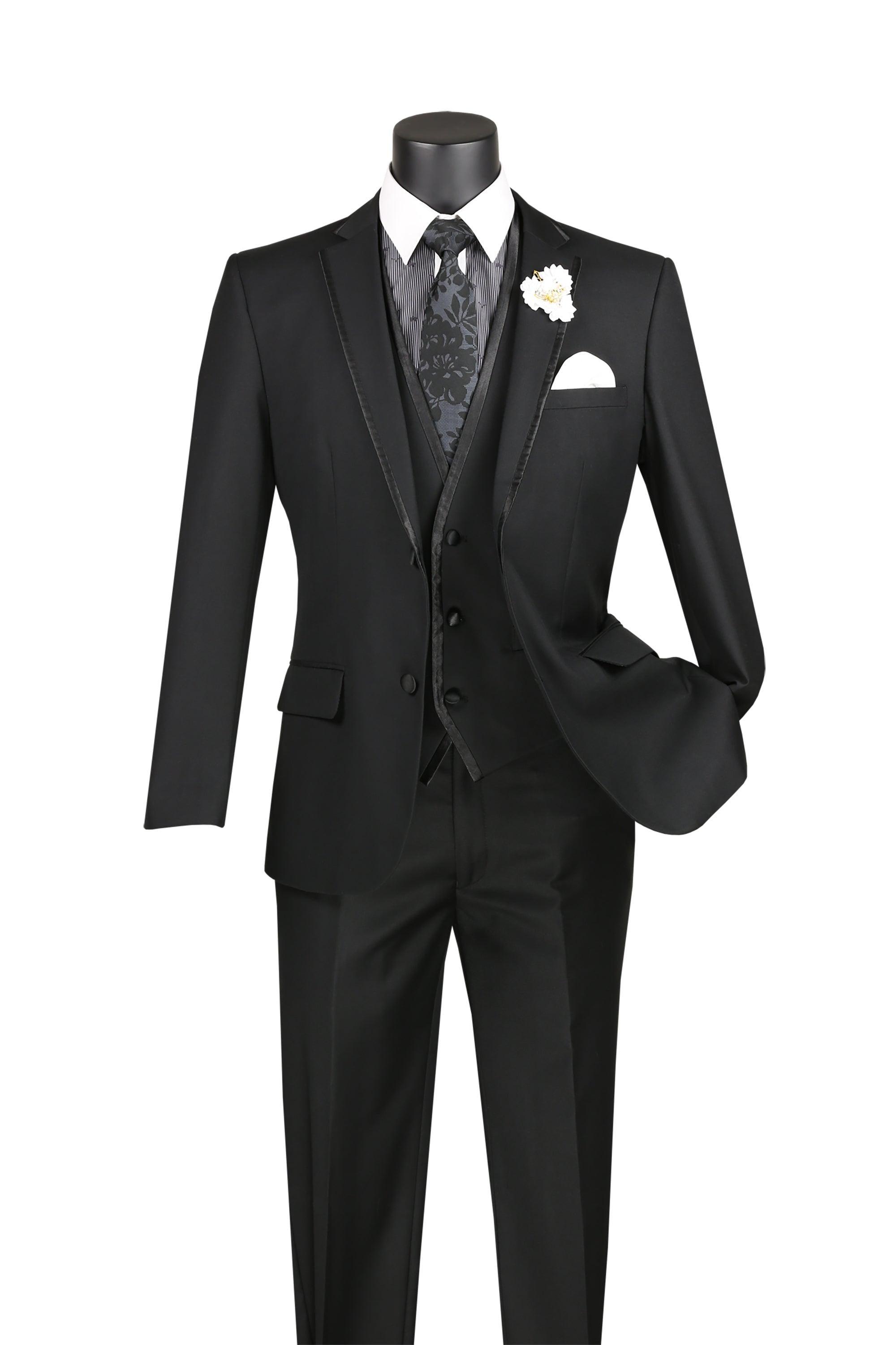Black Trimmed Lapel Slim Fit 3 Piece Suit - 34 Short - 28 Waist