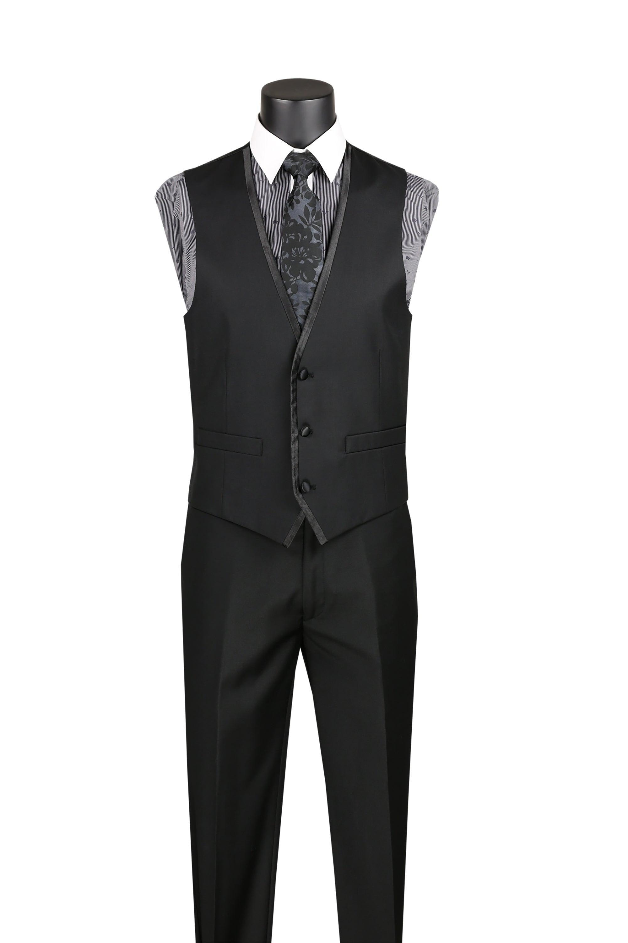 Black Trimmed Lapel Slim Fit 3 Piece Suit - 34 Short - 28 Waist