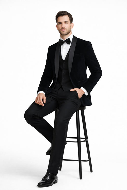 Men's Designer Vested Velvet Wedding & Prom Tuxed in Black