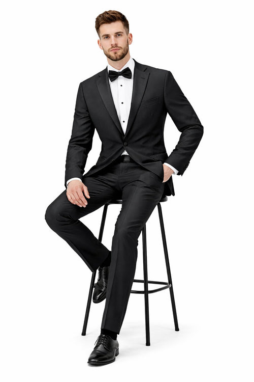 Mens Tiglio Modern Fit Black Wool Tuxedo Classic Satin Lapel Formal Suit