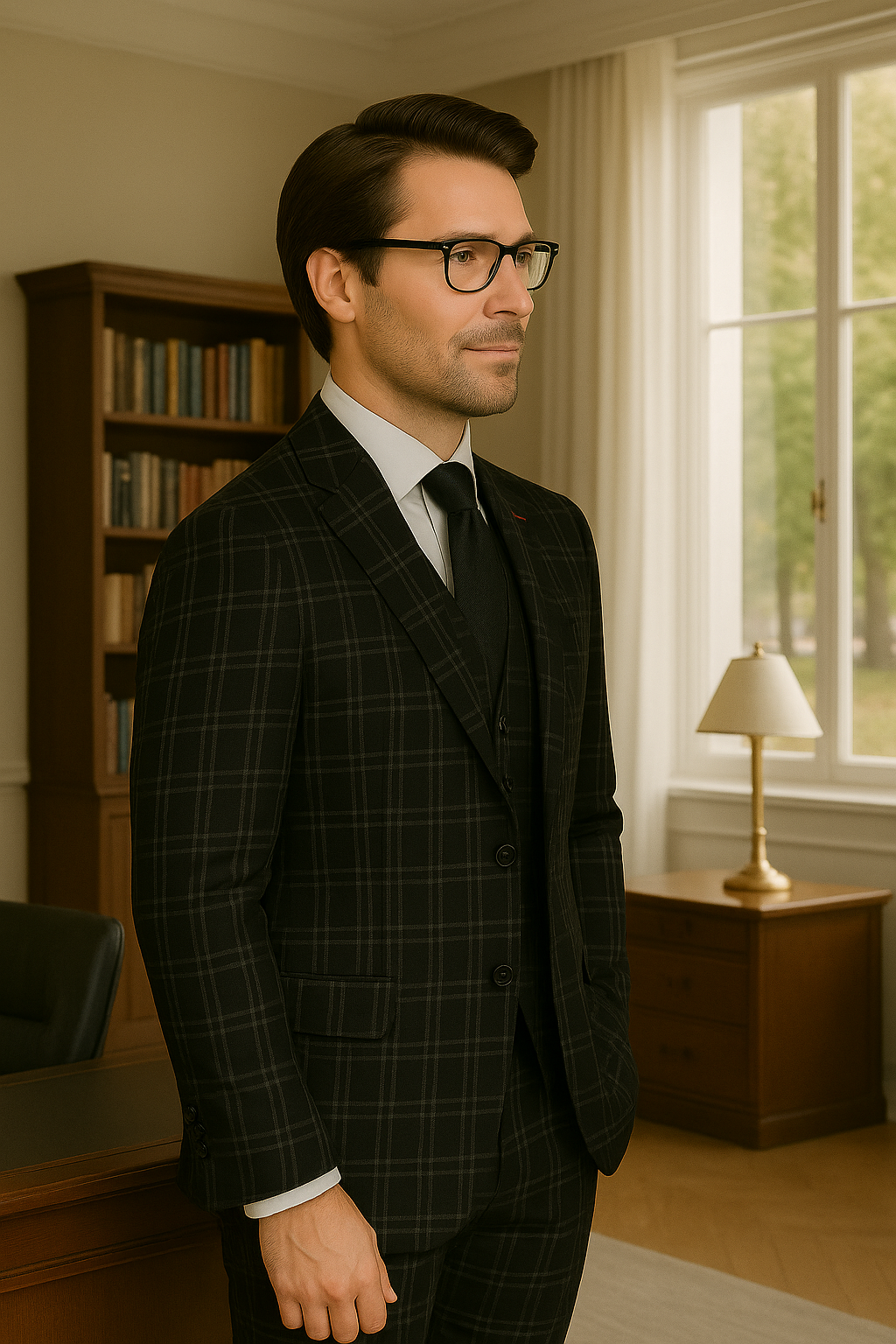 Wool Suit - Italian Made Business Suit by Windowpane Texture Business Pattern Mdoern Fit Side Vented Men's 3 Piece 100% Wool Modern Fit Suit - Plaid Pattern - 38R