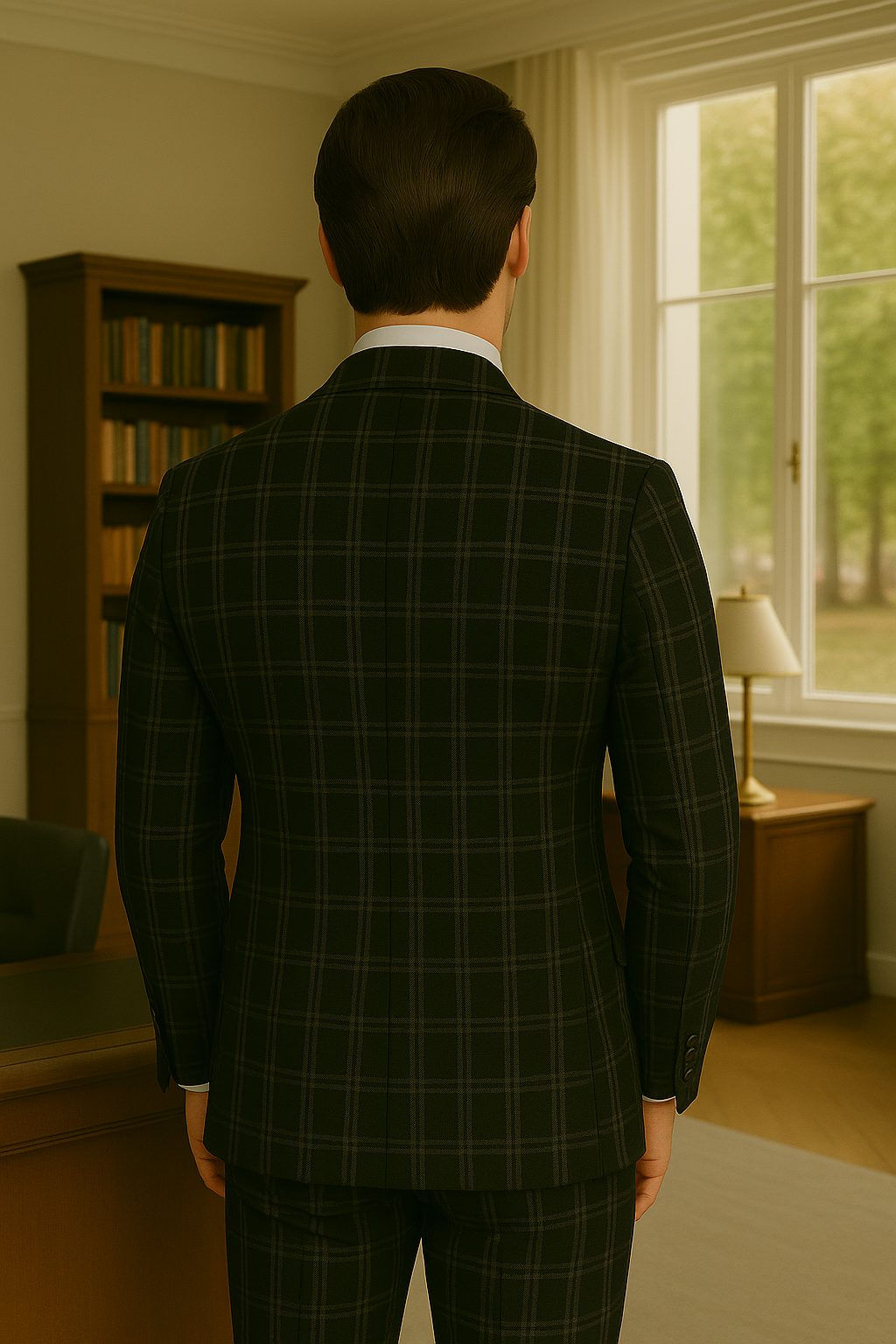 Wool Suit - Italian Made Business Suit by Windowpane Texture Business Pattern Mdoern Fit Side Vented Men's 3 Piece 100% Wool Modern Fit Suit - Plaid Pattern - 38R
