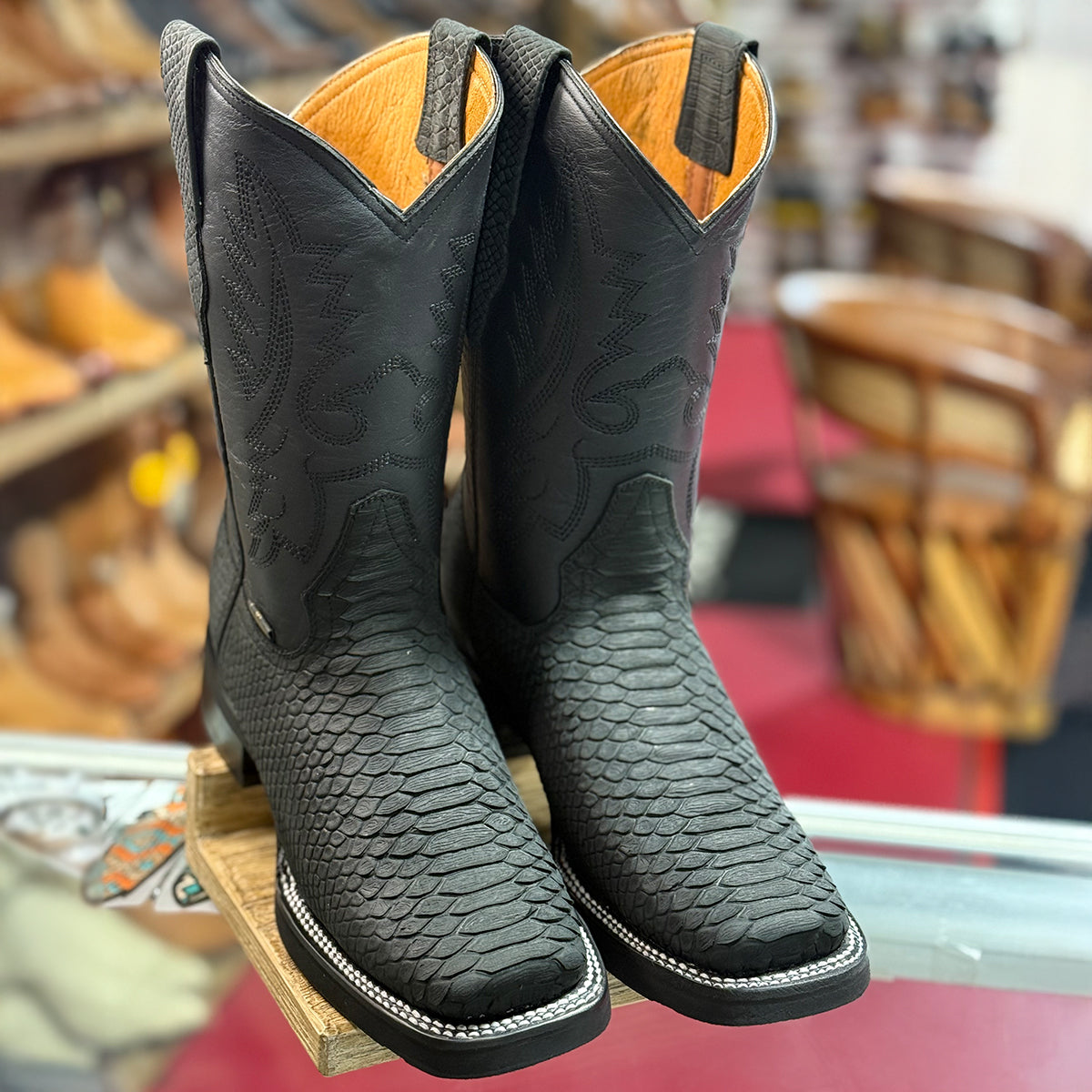 Square Toe Cowboy Boots Snakeskin Print - Brown