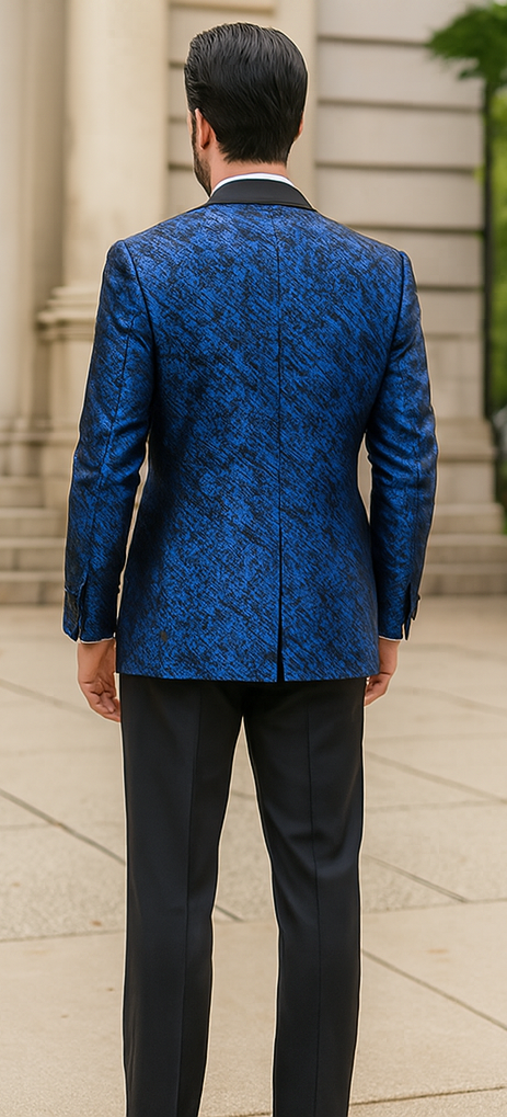 Blue Double Breasted Rough Streak Pattern Satin Peak Lapel Stacy Adams Men's Jacket - 34 Short or Extra Small