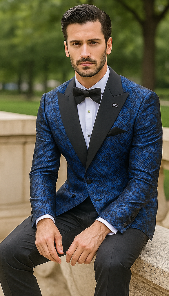 Blue Double Breasted Rough Streak Pattern Satin Peak Lapel Stacy Adams Men's Jacket - 34 Short or Extra Small