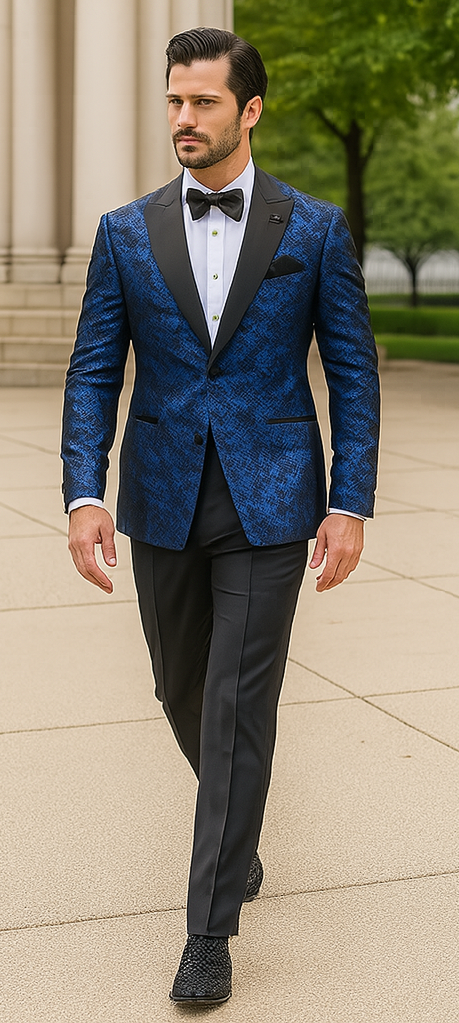 Blue Double Breasted Rough Streak Pattern Satin Peak Lapel Stacy Adams Men's Jacket - 34 Short or Extra Small