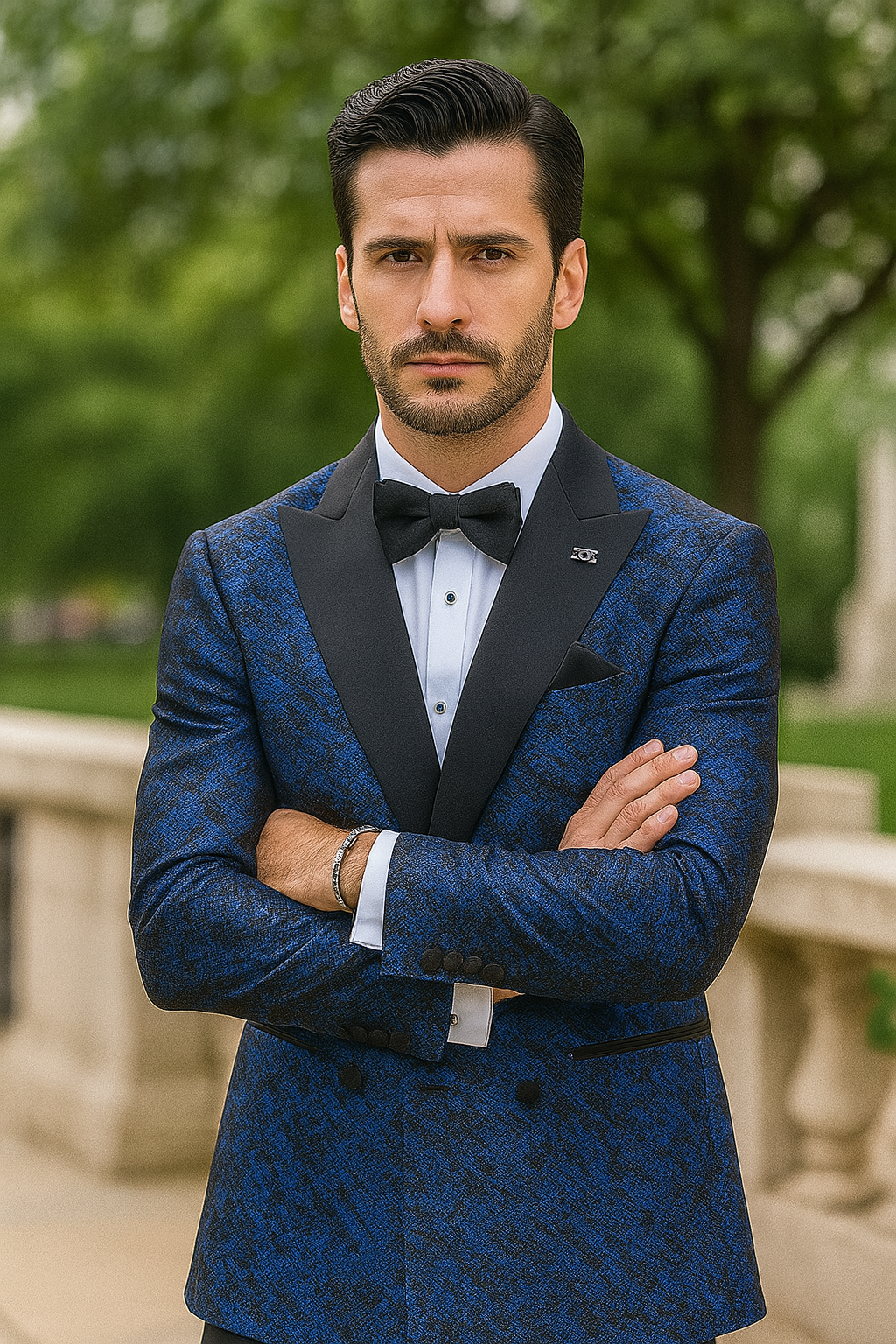 Blue Double Breasted Rough Streak Pattern Satin Peak Lapel Stacy Adams Men's Jacket - 34 Short or Extra Small