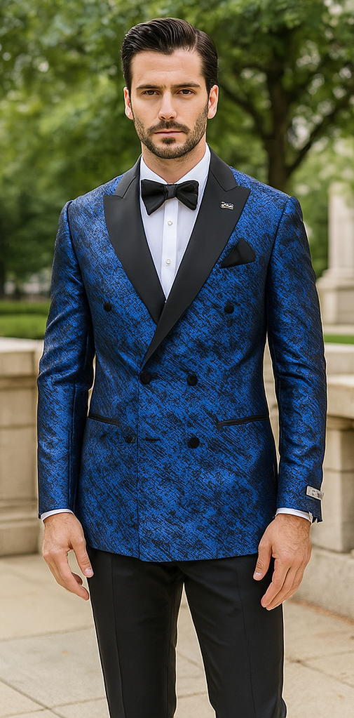 Blue Double Breasted Rough Streak Pattern Satin Peak Lapel Stacy Adams Men's Jacket - 34 Short or Extra Small