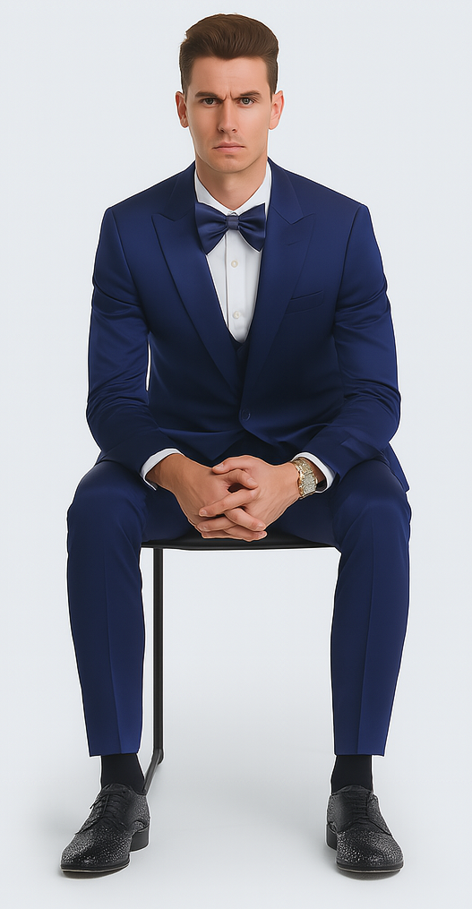 Tazzio Men's Formal Blue Satin 3 Piece Slim Fit Suit with Peak Lapel and Double Breasted Suit - 34 Short or Extra Small