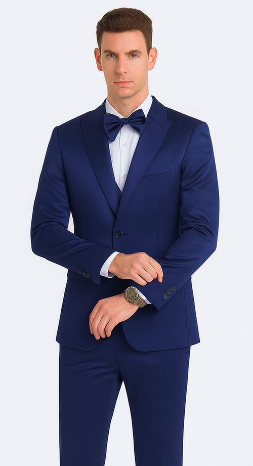 Tazzio Men's Formal Blue Satin 3 Piece Slim Fit Suit with Peak Lapel and Double Breasted Suit