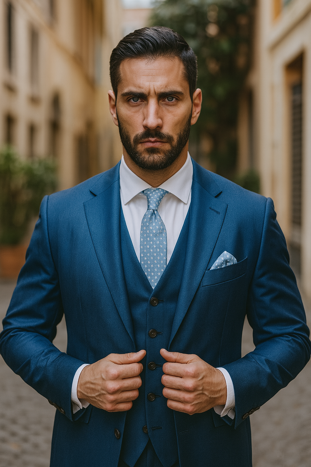 "Blue Sharkskin Business Suit for Men - Two Button Vested Style" - 50 Regular