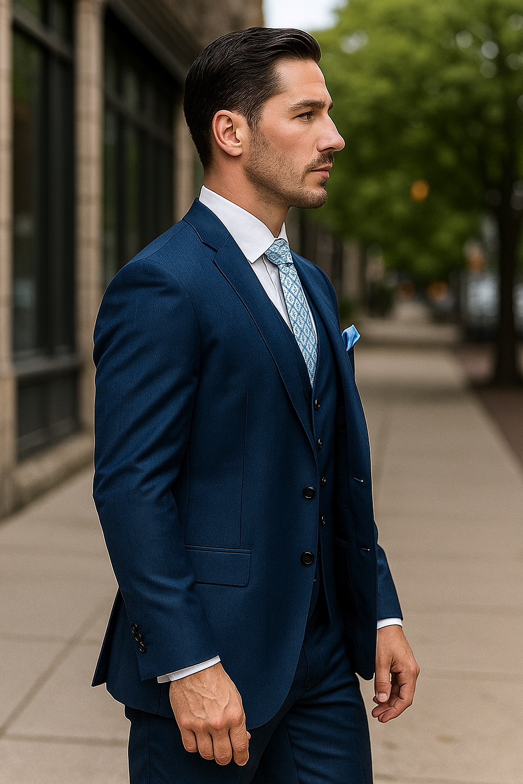 "Blue Sharkskin Business Suit for Men - Two Button Vested Style" - 50 Regular