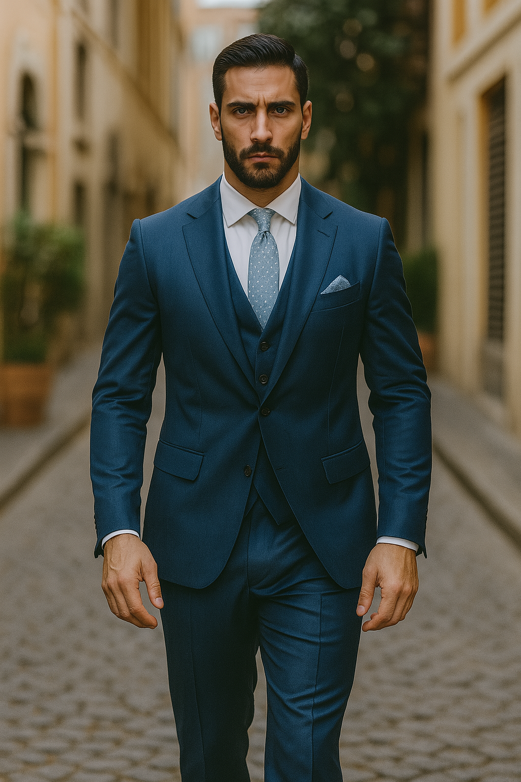 "Blue Sharkskin Business Suit for Men - Two Button Vested Style" - 50 Regular