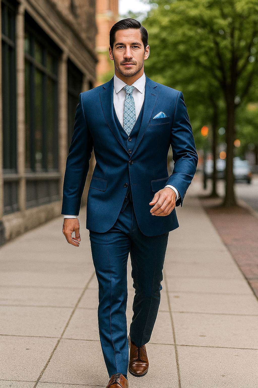 "Blue Sharkskin Business Suit for Men - Two Button Vested Style" - 50 Regular