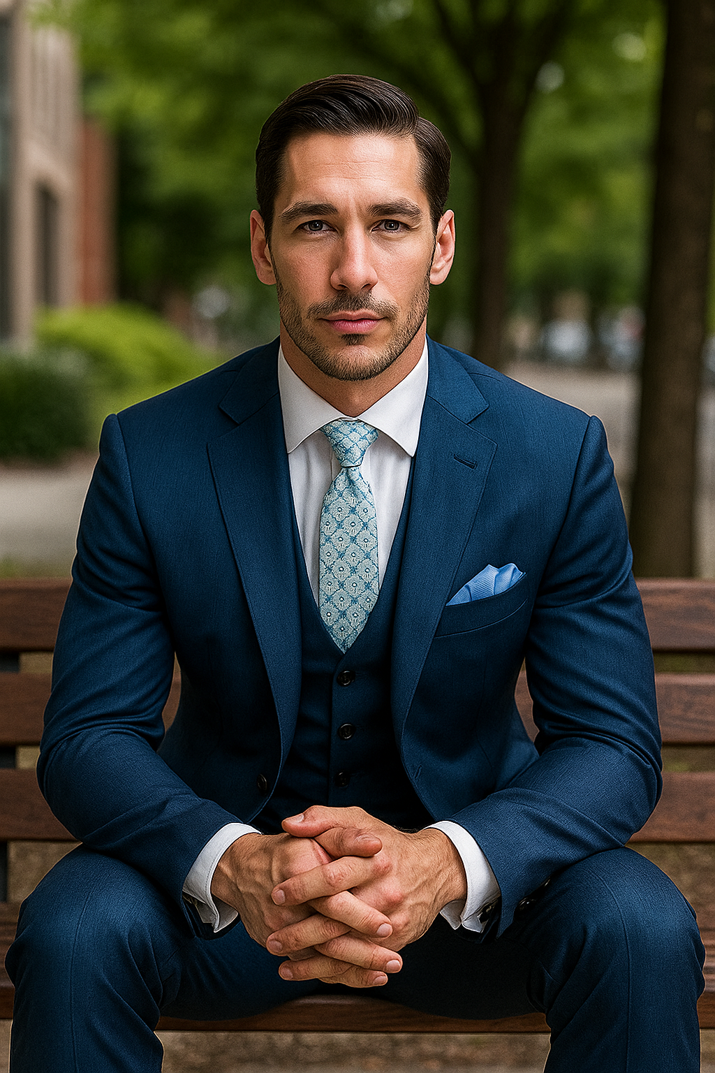 "Blue Sharkskin Business Suit for Men - Two Button Vested Style" - 50 Regular