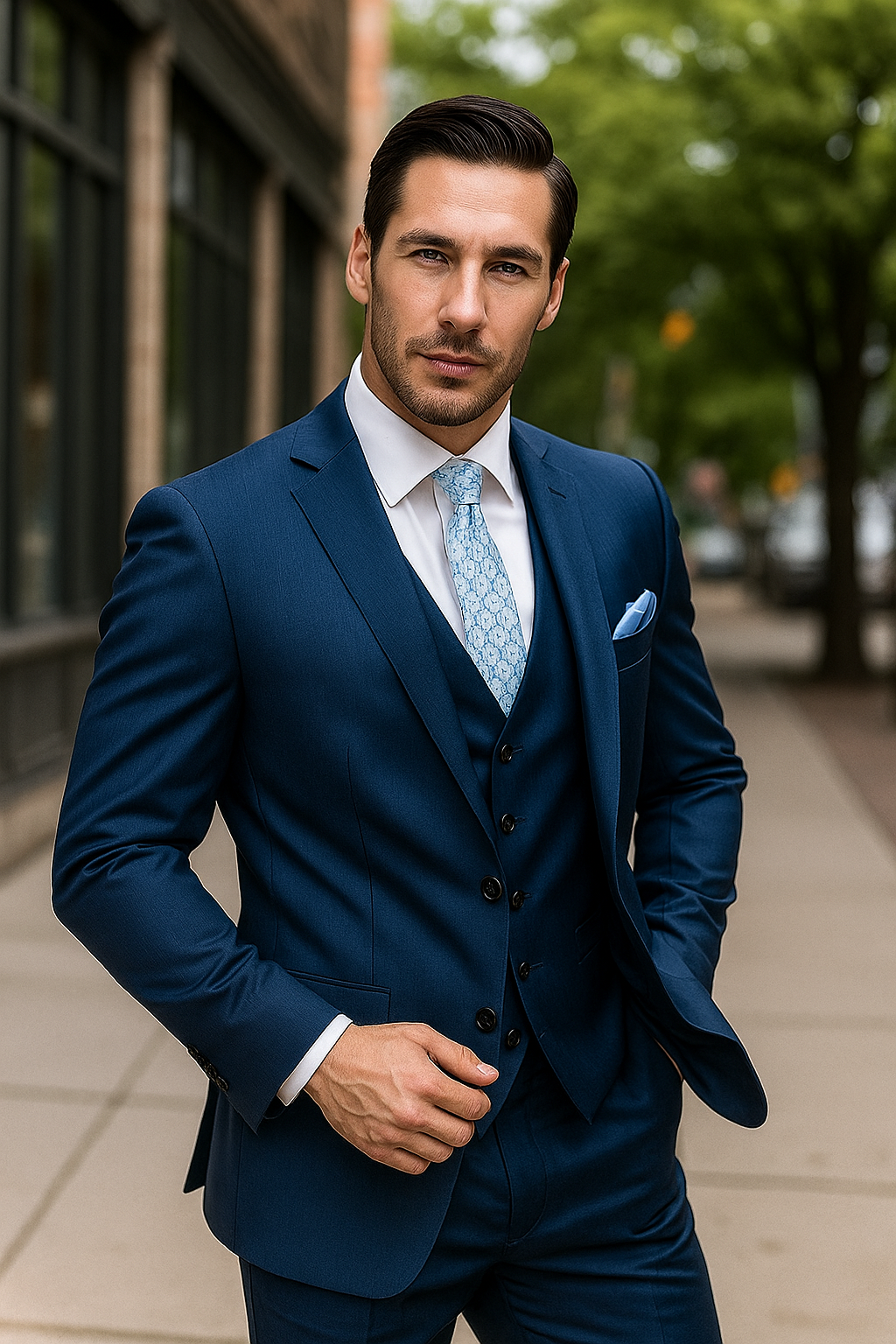 "Blue Sharkskin Business Suit for Men - Two Button Vested Style" - 50 Regular