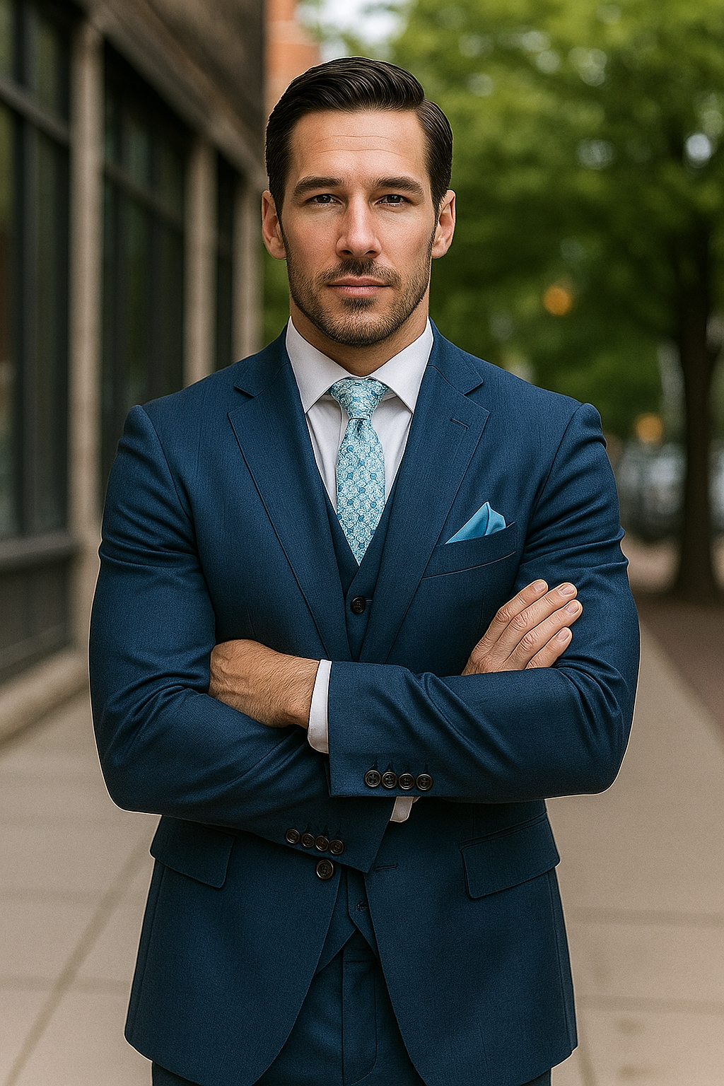 "Blue Sharkskin Business Suit for Men - Two Button Vested Style" - 50 Regular